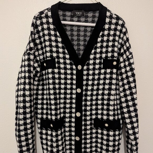 Vici Sweaters - Vici Oversized Houndstooth Cardigan Sweater Button Details - XL